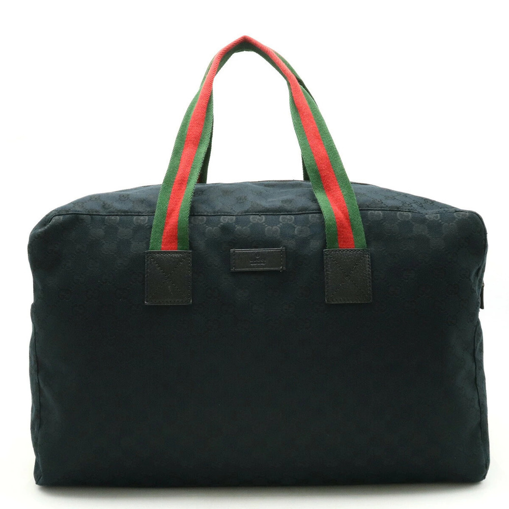 Gucci GG Canvas Sherry Boston Bag Shoulder Travel Leather Black